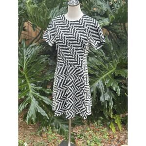 LELA ROSE Women 12 Geometric Chevron Dress Black White Short Sleeve Stretch